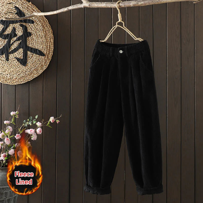Buddha Stones Women's Winter Plain Corduroy Cotton High Waist Fleece-Lined Harem Pants With Pockets