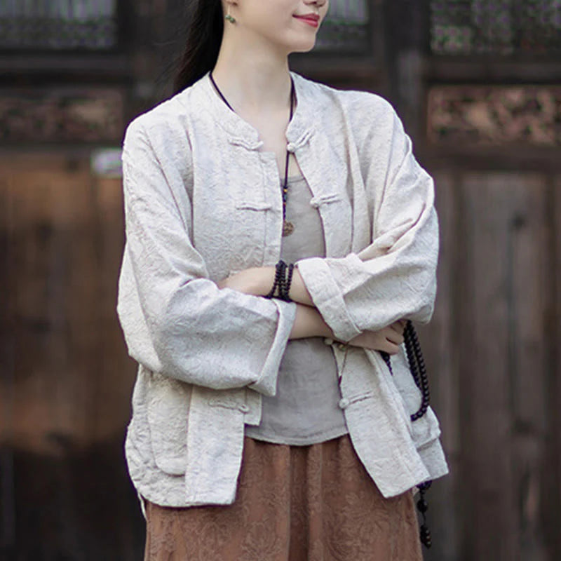 Buddha Stones Fall Jacquard Women's Frog-Button Long Sleeve Shirt Pants Cotton Linen Clothing