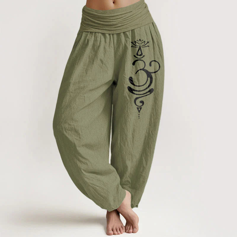Buddha Stones Lotus Flower Unalome Symbol Pattern Pure Cotton Women's Elastic Waist Harem Pants