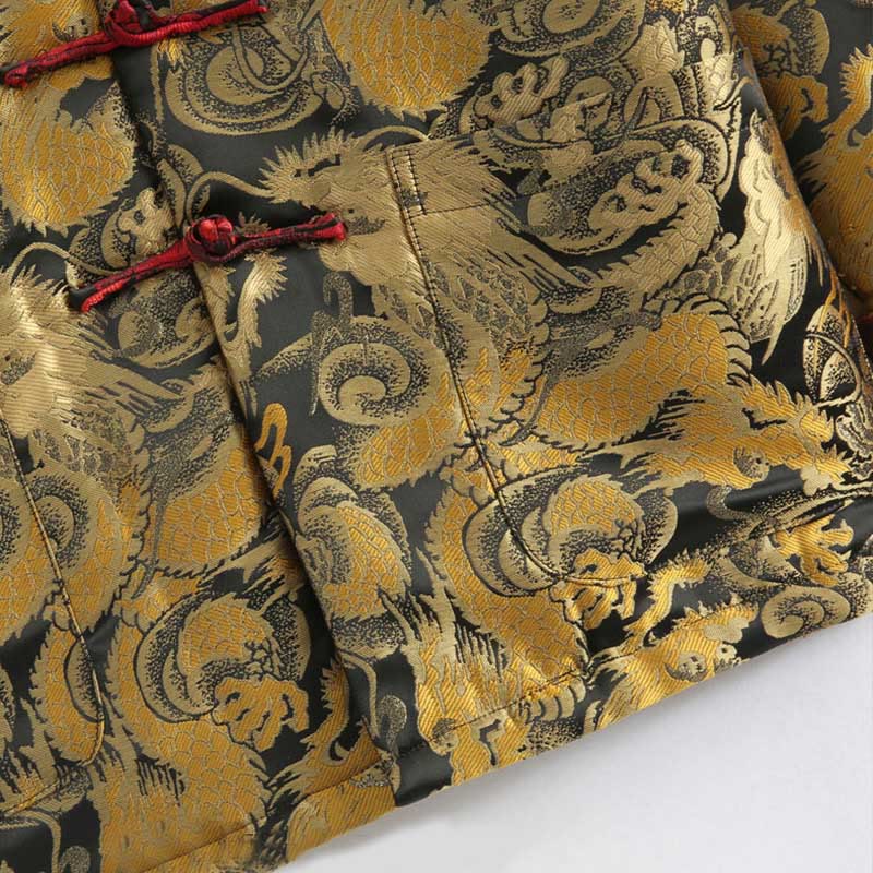 Buddha Stones Winter Dragon Jacquard Warm Frog-Button Long Sleeve Men's Jacket With Pockets
