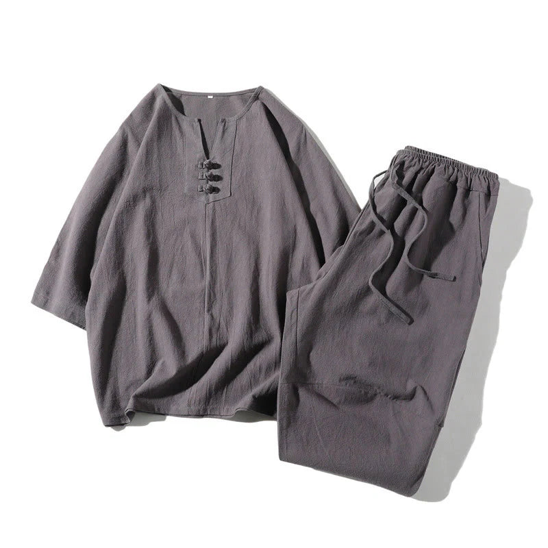 Buddha Stones 2Pcs Plain Notched Collar T-Shirt 7-8 Length Wide Leg Shorts With Pockets Cotton Linen Men's Meditation Cloth Set