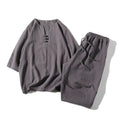 Buddha Stones 2Pcs Plain Notched Collar T-Shirt 7-8 Length Wide Leg Shorts With Pockets Cotton Linen Men's Meditation Cloth Set
