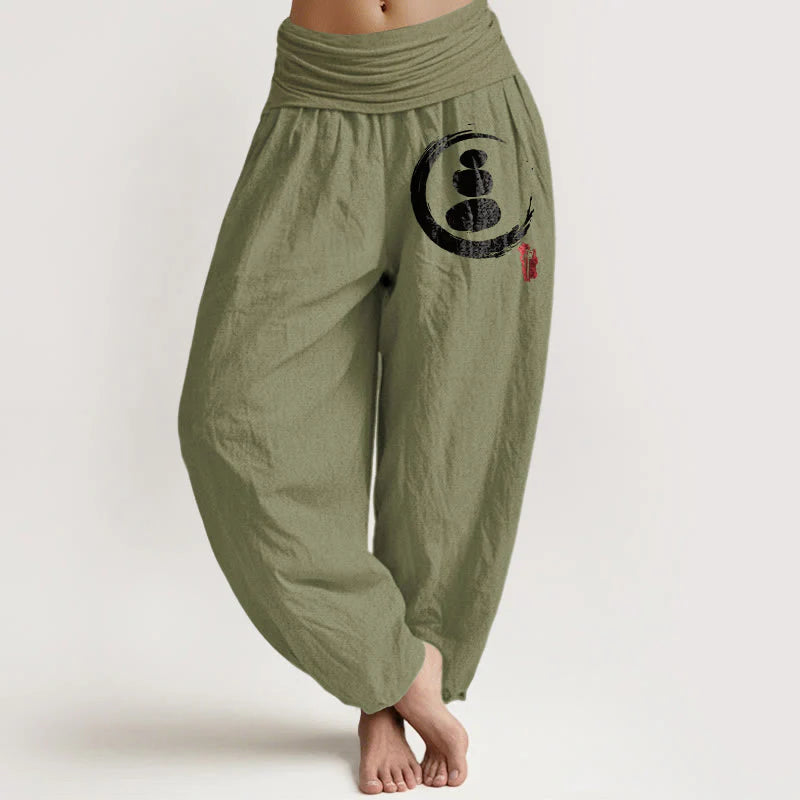 Buddha Stones Ensō Circle Stacked Stones Pattern Women's Elastic Waist Harem Cotton Pants