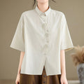 Buddha Stones Casual Women's Embroidered Jellyfish Pattern Stand Collar Buttons Design Half Sleeve Cotton Shirt