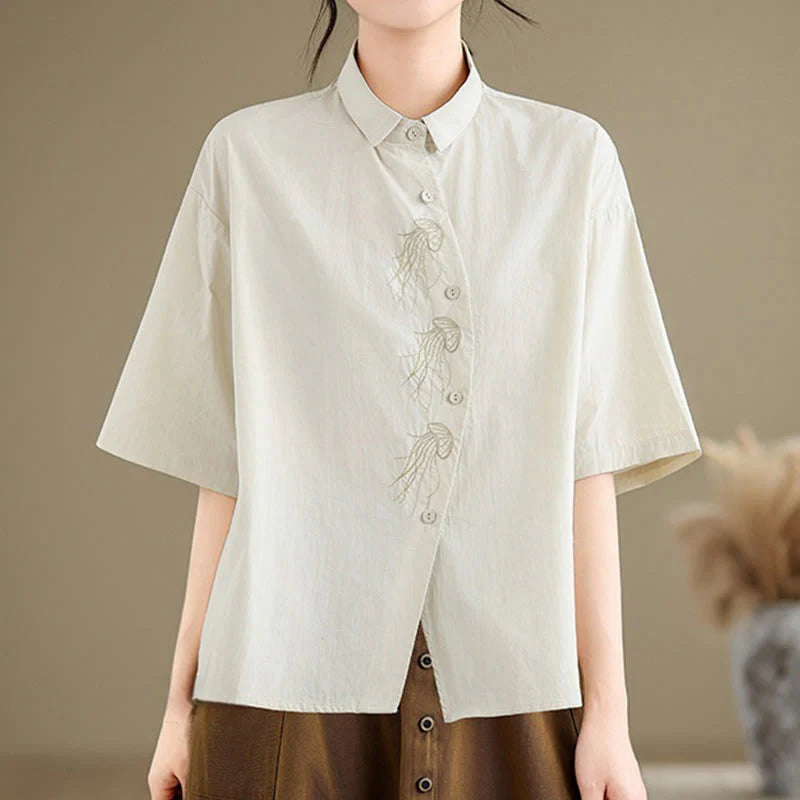 Buddha Stones Casual Women's Embroidered Jellyfish Pattern Stand Collar Buttons Design Half Sleeve Cotton Shirt