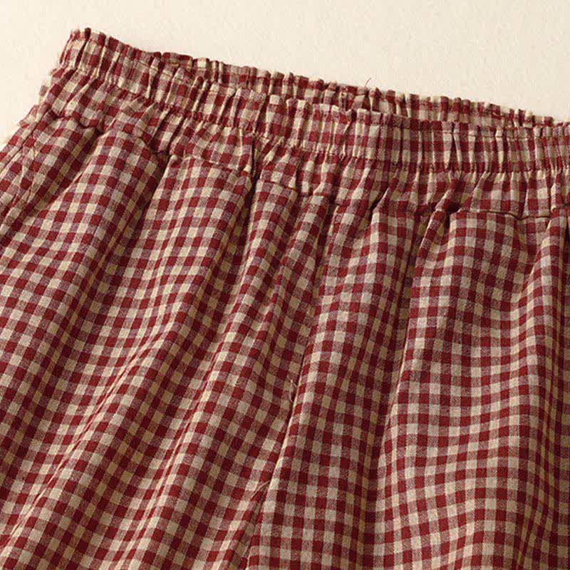 Buddha Stones Summer Plaid Elastic Waist Cropped Women's Tapered Pants With Pockets