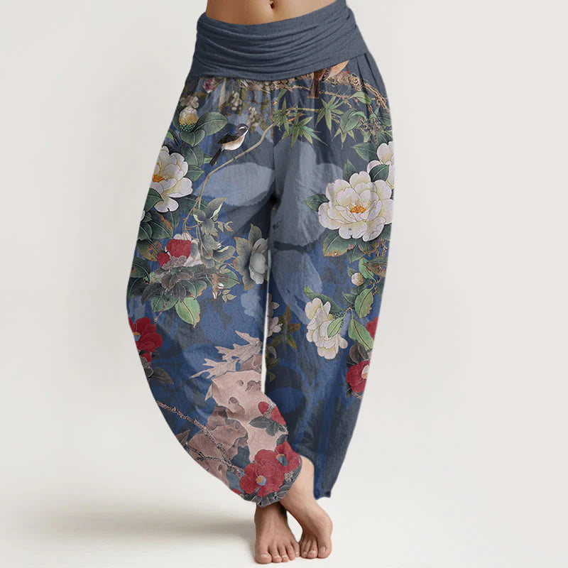 Buddha Stones Cotton Casual Peony Flowers Leaves Magpie Women's Elastic Waist Harem Pants