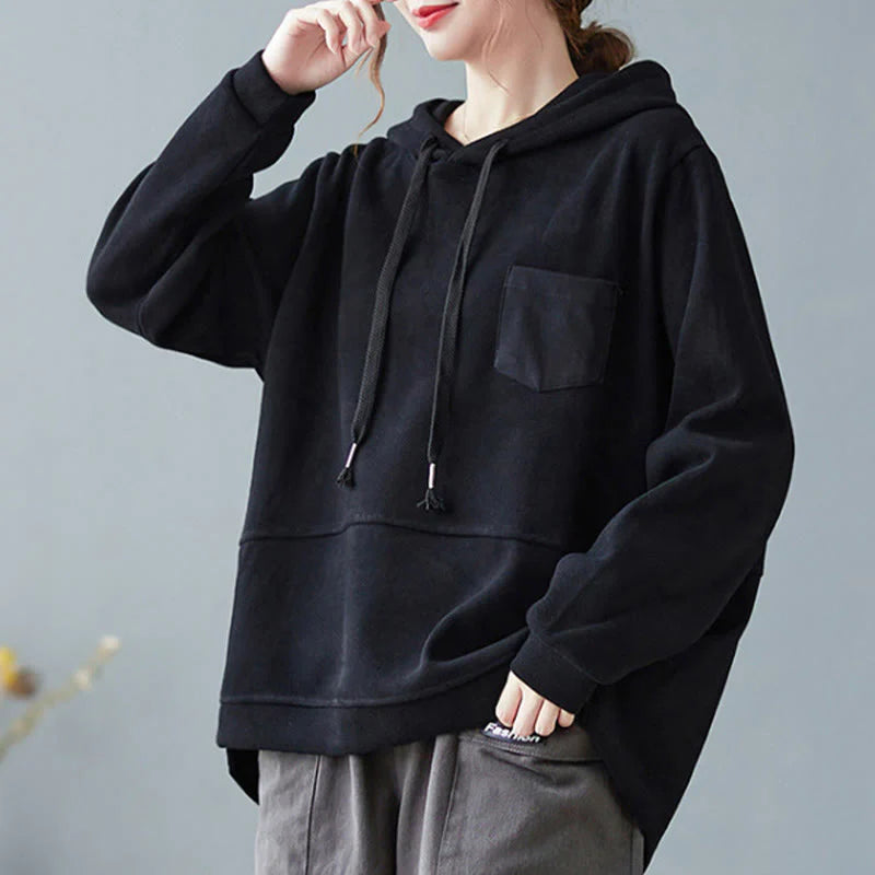 Buddha Stones Fall Solid Color Decorative Pocket Cotton Long Sleeve Women's Hoodie