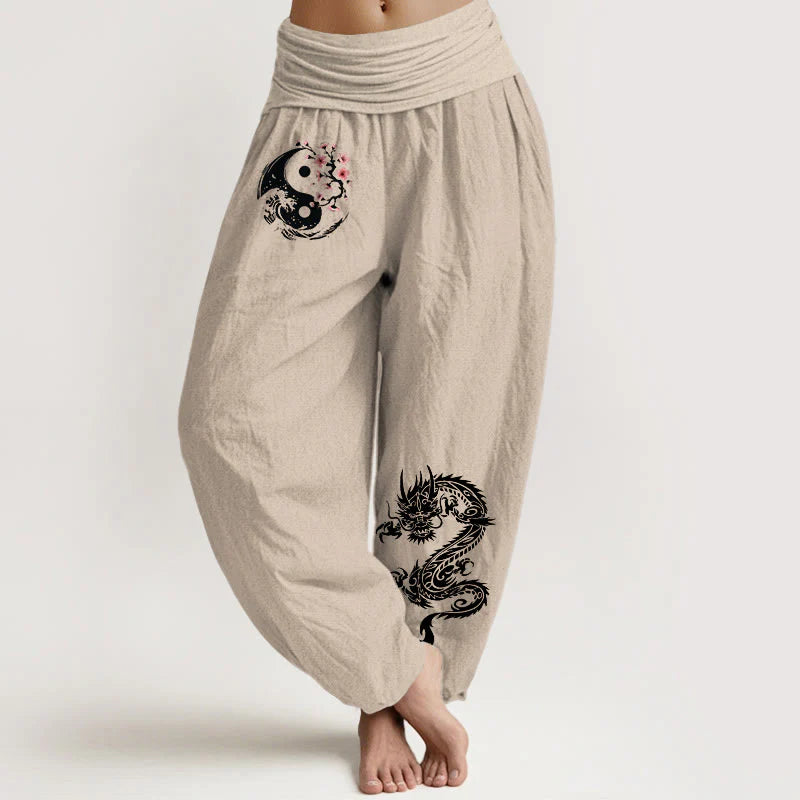 Buddha Stones Dragon Yin Yang Waves Flower Pattern Pure Cotton Women's Elastic Waist Harem Pants