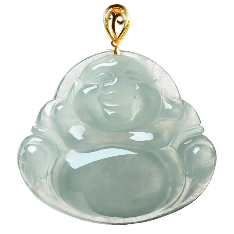 Buddha Stones Laughing Buddha Natural Jade Abundance Titanium Steel Chain Necklace Pendant