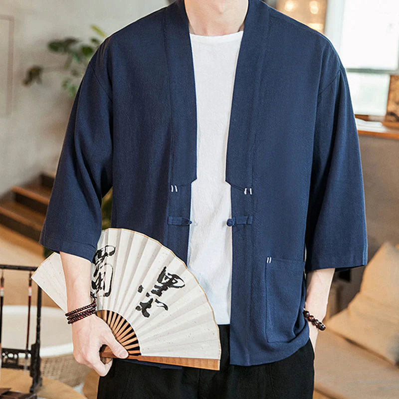 Buddha Stones Plain Chinese Frog-Button Jacket Cotton Linen Men's Three Quarter Sleeve Kimono