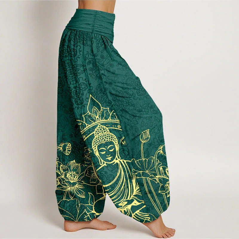 Buddha Stones Pure Cotton Classical Lotus Flower Seedpod Leaf Buddha Pattern Women's Elastic Waist Harem Pants