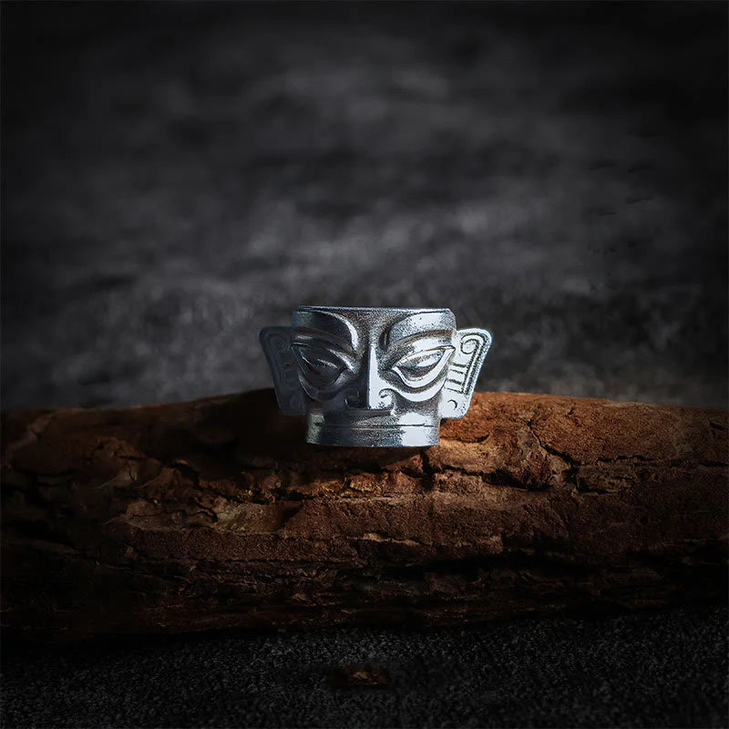 Buddha Stones 999 Sterling Silver Hand Casting Sanxingdui Mask Protection Ring