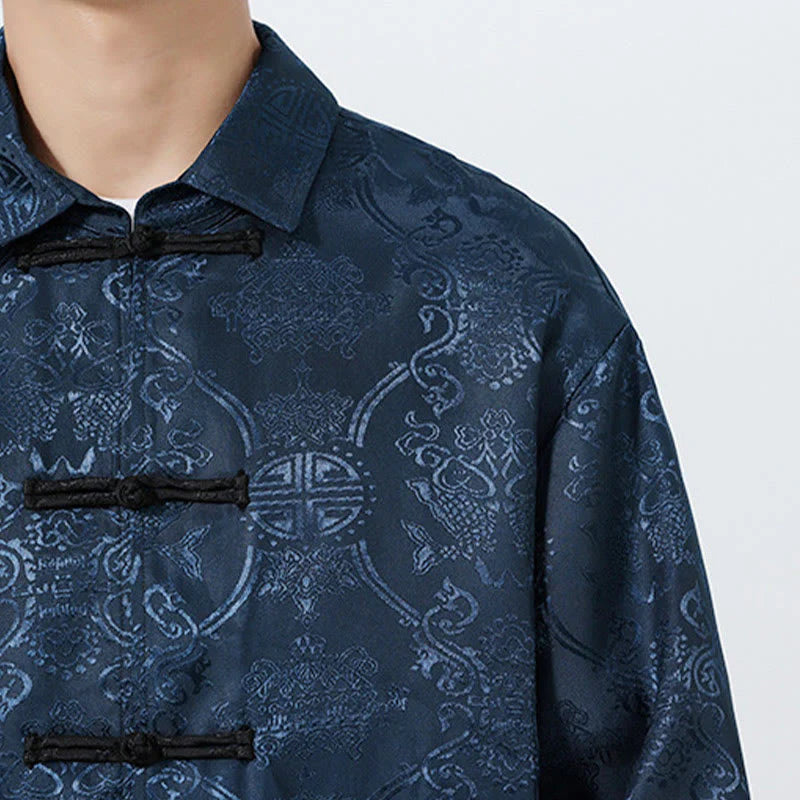 Buddha Stones Spring Jacquard Lapel Long Sleeve Men's Tang Suit Frog-Button Jacket With Pockets