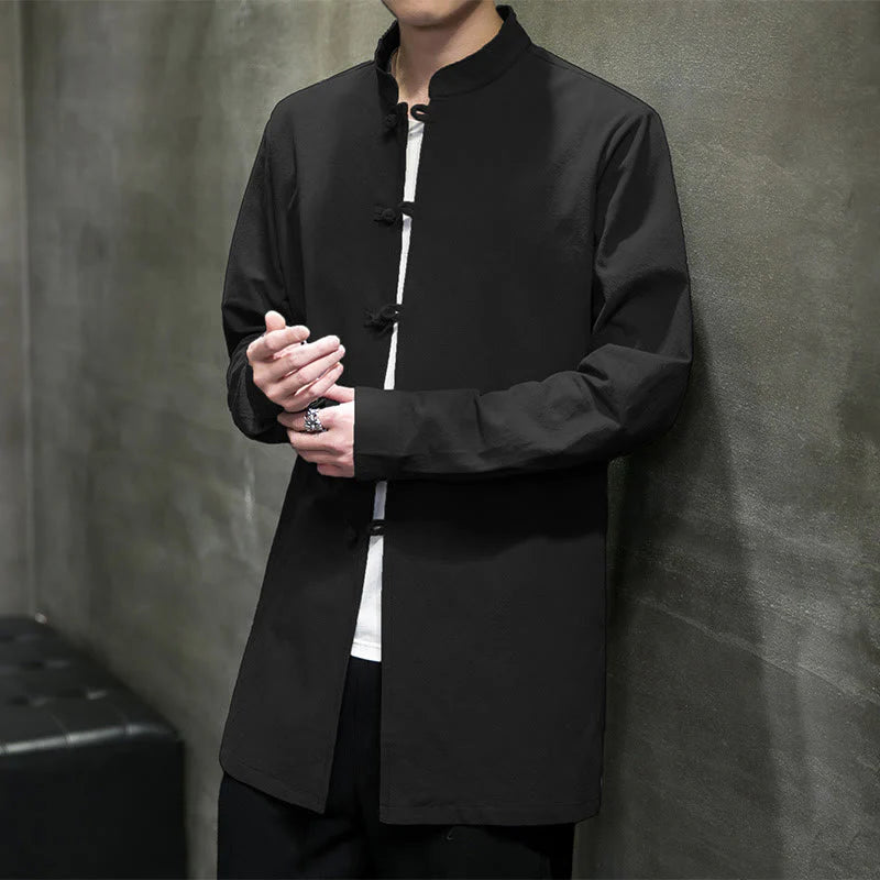 Buddha Stones Simple Tang Suit Plain Chinese Frog-Button Men's Cotton Long Sleeve Jacket Shirt
