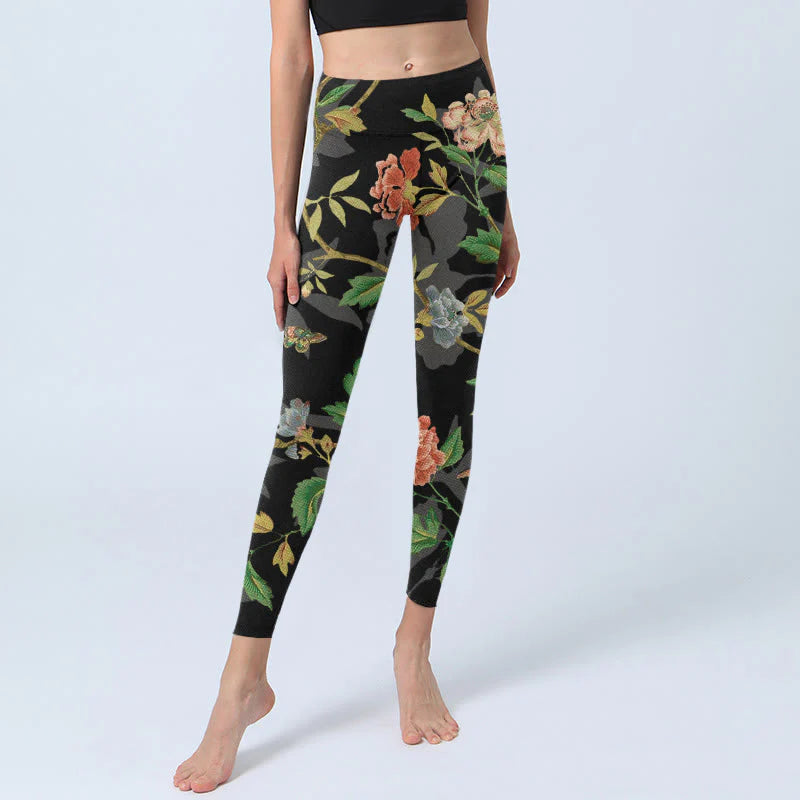 Buddha Stones Classical Flower Leaf Butterfly Bird Pattern Print Gym Leggings Women's Yoga Pants