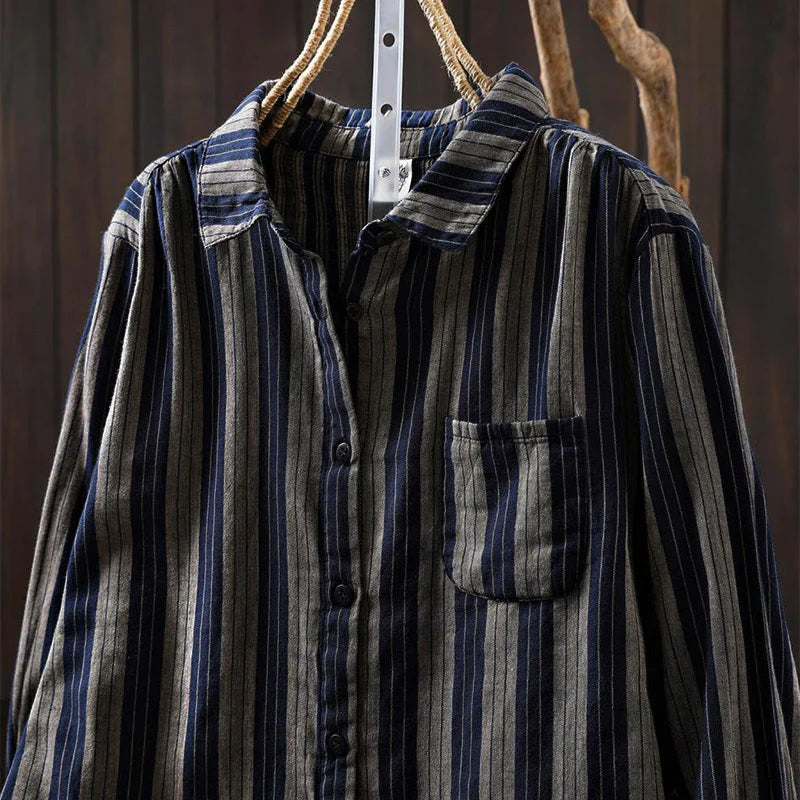 Buddha Stones Fall Vertical Stripes Button Down Stand Collar Long Sleeve Women's Cotton Shirt