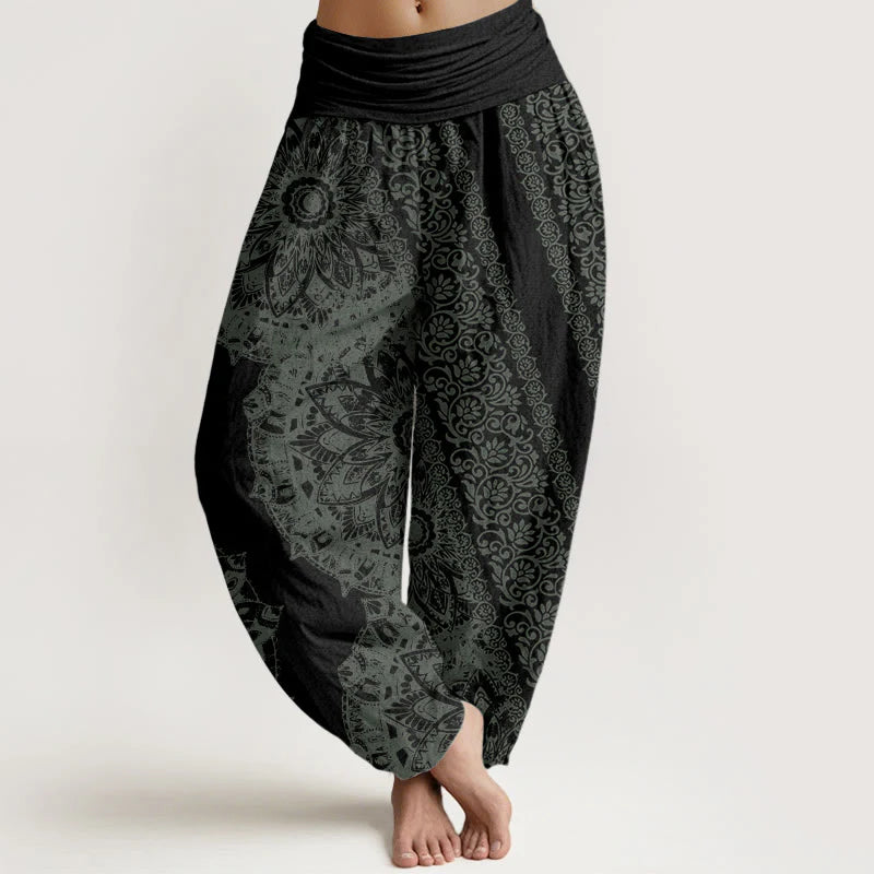 Buddha Stones Pure Cotton Mandala Pattern Parallel Flowers Women's Elastic Waist Harem Pants