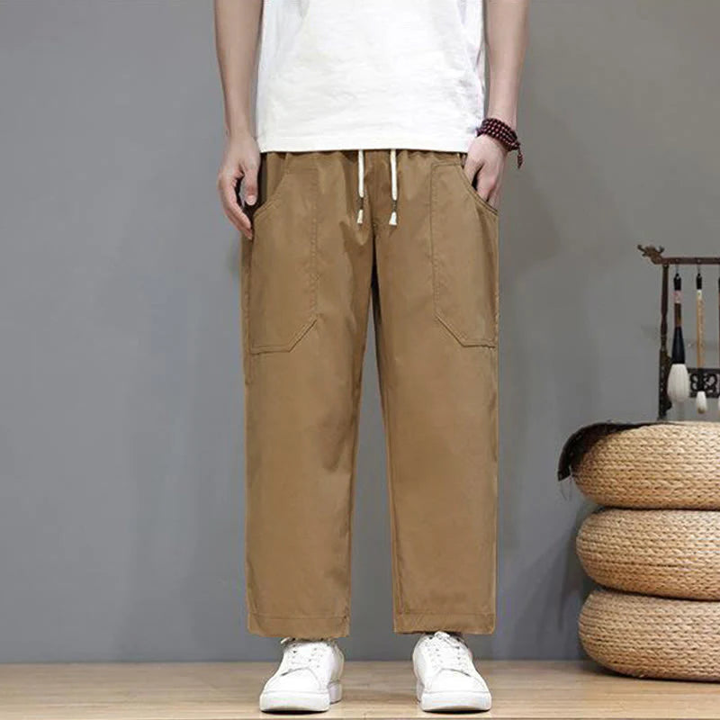 Buddha Stones Summer Solid Color Drawstring Straight Leg 7-8 Length Men's Pants With Pockets