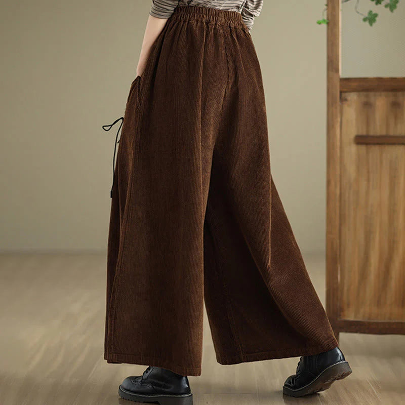 Buddha Stones Women's Pure Color Drawstring Design Wide Leg Corduroy Pants With Pockets