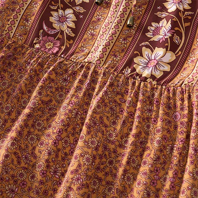 Buddha Stones Fall Boho Floral Paisley Cotton Bracelet Sleeve Women's Mini Dress with Puff Sleeves and Tie Neck