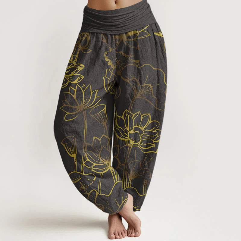 Buddha Stones Print Lotus Flowers Leaves Pattern Women's Elastic Waist Harem Cotton Pants