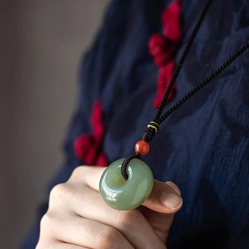 Buddha Stones Natural Round Jade Gray Jade Peace Buckle Luck Necklace Pendant