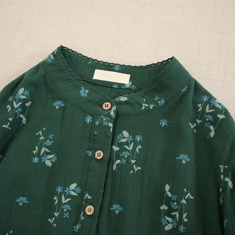 Buddha Stones Spring Small Floral Print Buttons Design Crew Neck Long Sleeve Midi Dress With Pockets
