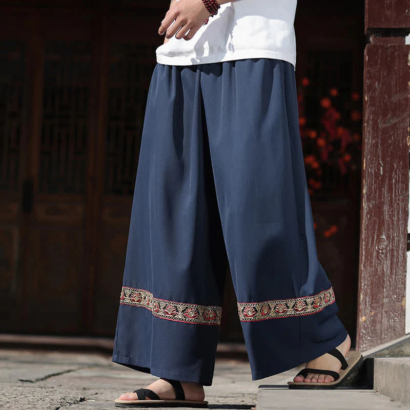 Buddha Stones Summer Cotton Embroidered Hem Elastic Waist Men's Cropped Wide Leg Pants With Pockets