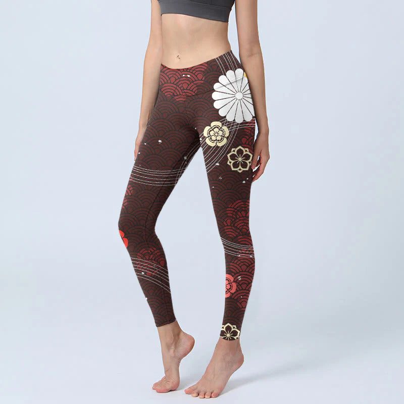 Buddha Stones Reddish-brown Floral Fan-shaped Wave Print Gym Leggings Women's Yoga Pants