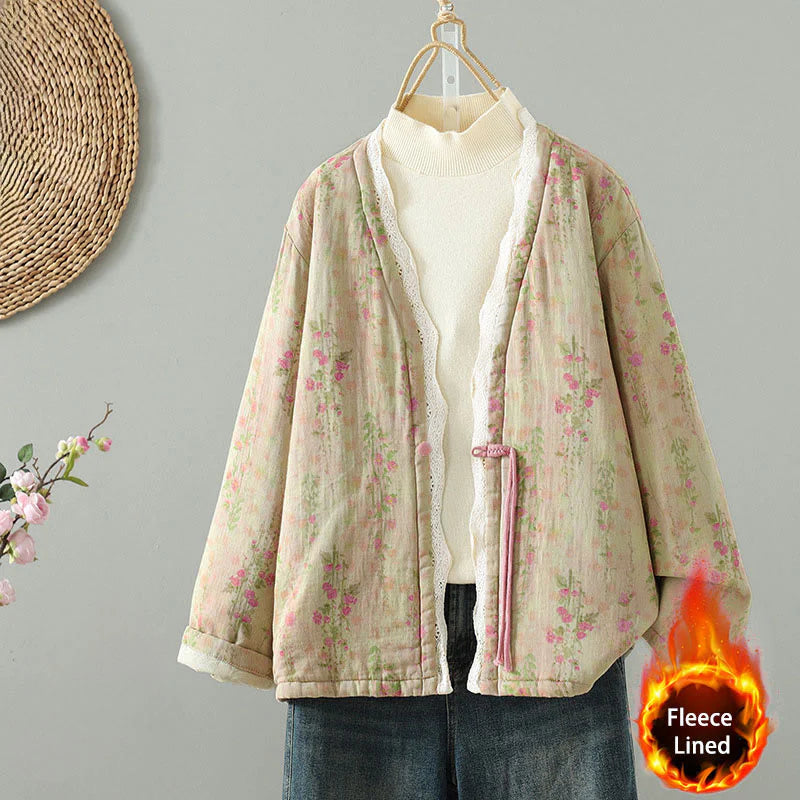 Buddha Stones Winter Lace Patchwork Long Sleeve Cotton Women's Thermal Jacket With Pockets