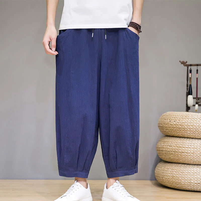Buddha Stones Casual Plain Men's Cotton 7-8 Length Harem Pants With Pockets