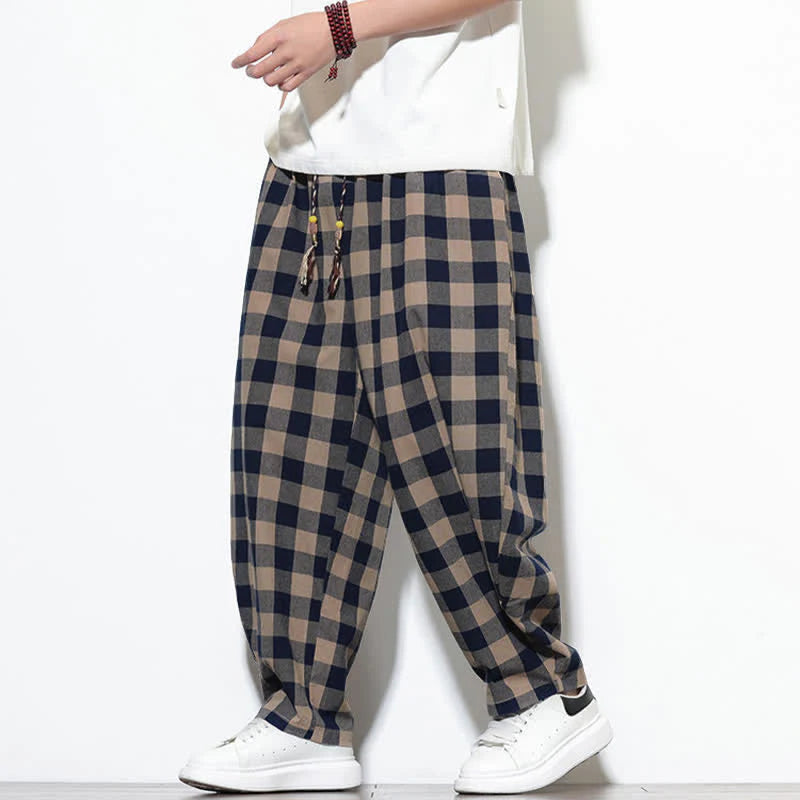 Buddha Stones Summer Plaid Pattern High Waist Drawstring Men's Harem Pants With Pockets