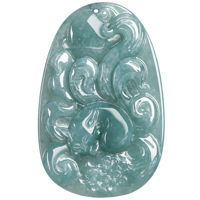 Buddha Stones Natural Green Jade Nine Tailed Fox Flowers Luck Necklace Pendant