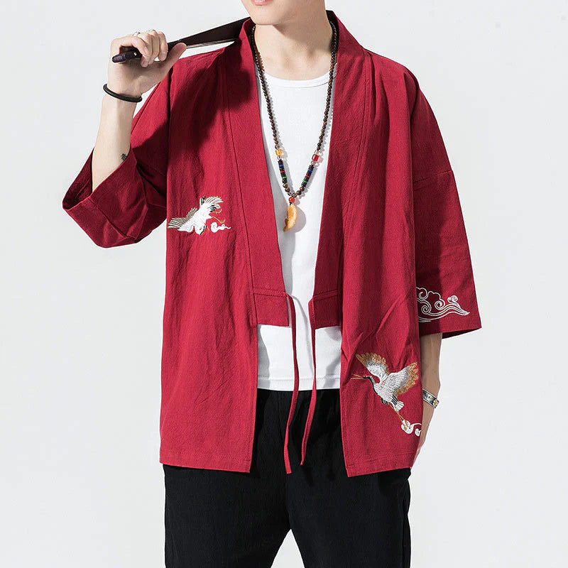 Buddha Stones Embroidery Open Front Jacket Cotton Linen Men's Three Quarter Sleeve Kimono