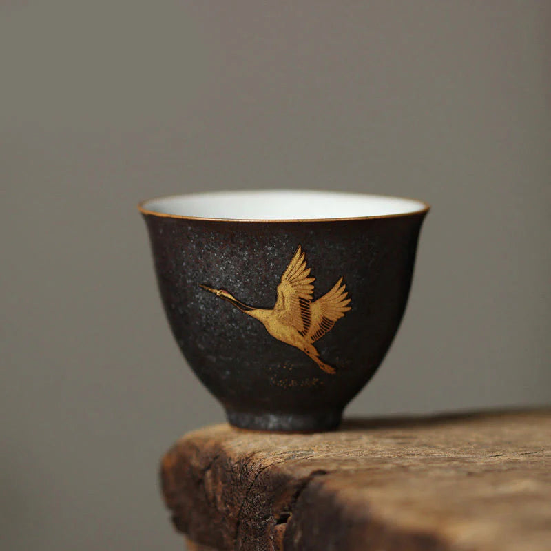 Buddha Stones Small Hand-painted Golden Crane Ceramic Teacup Kung Fu Tea Cup 40ml