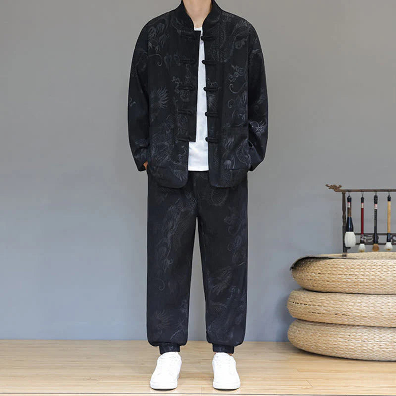 Buddha Stones 2Pcs Fall Winter Men's Tang Suit Dragon Frog-Button Cotton Corduroy Long Sleeve Jacket Pants Set With Pockets