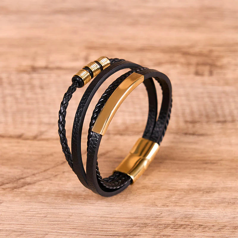 Buddha Stones Fashion Titanium Steel Leather Hand Woven Magnetic Buckle Strengthen Bracelet