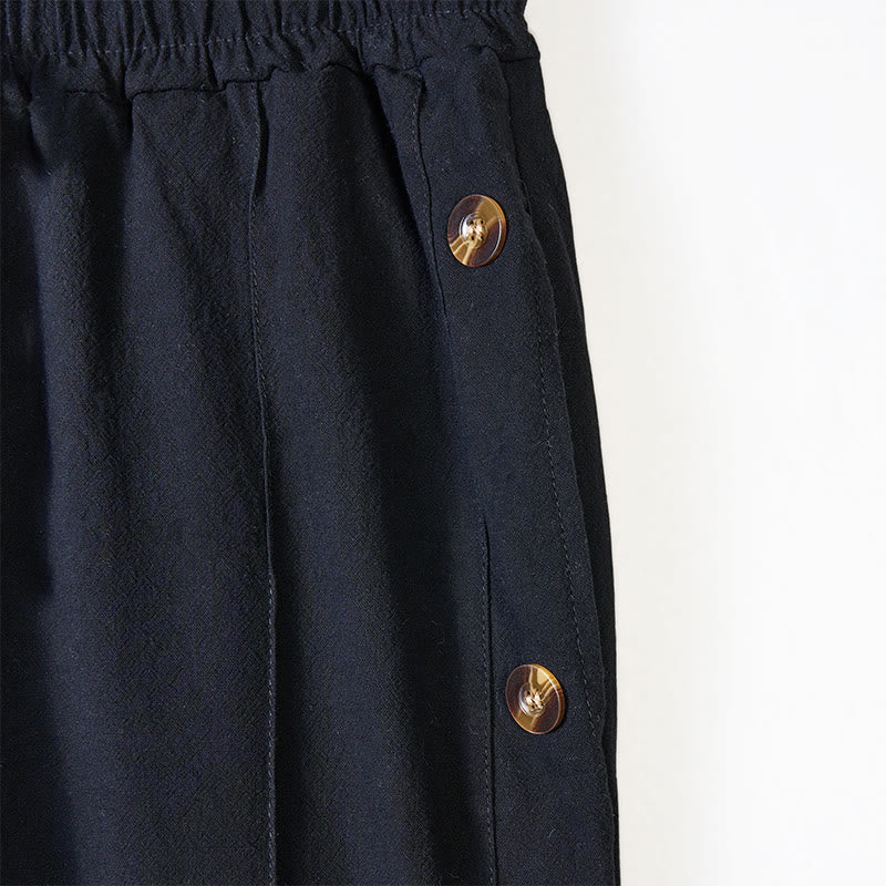 Buddha Stones Solid Color Side Buttons Men's Cotton Pants With Pockets