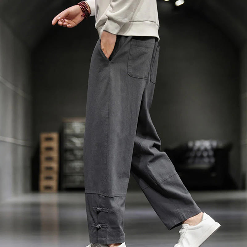 Buddha Stones Drawstring Elastic Waist Frog-Button Ankle-Length Men's Cotton Pants With Pockets