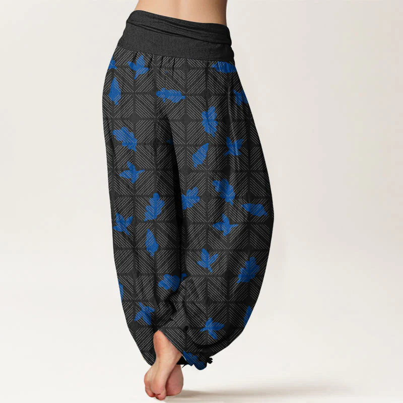 Buddha Stones Cotton Neatly Arranged Checkered Leaf Pattern Women's Elastic Waist Harem Pants