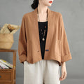 Buddha Stones Casual Vintage Plain Long Sleeve Open Front Cardigan Cotton Linen Jacket With Pockets