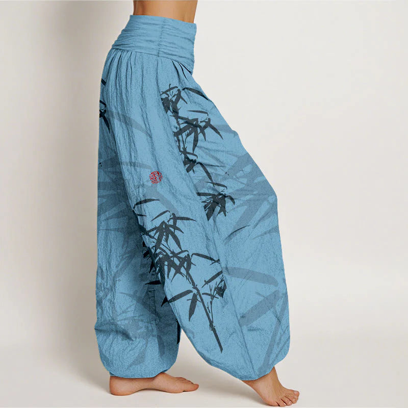 Buddha Stones Print Pure Cotton Bamboo Leaves Pattern Women's Elastic Waist Harem Pants
