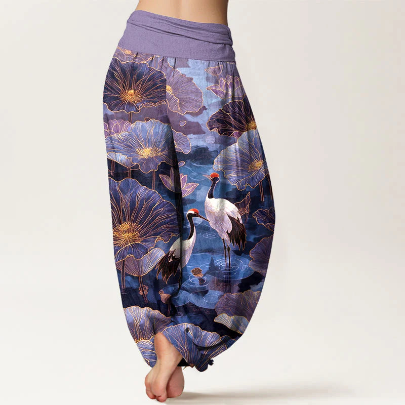 Buddha Stones Pure Cotton Elegant Crane Lotus Flower Leaf Pattern Women's Elastic Waist Harem Pants