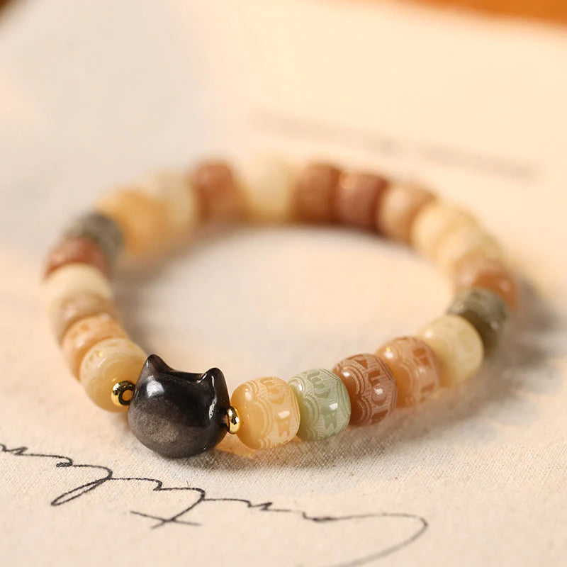 Buddha Stones Bodhi Seed Silver Sheen Obsidian Cat Head Om Mani Padme Hum Engraved Harmony Bracelet