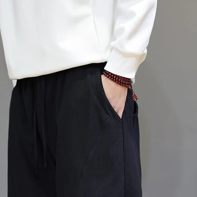 Buddha Stones Winter Solid Color Fleece-lined Men's Cotton Linen Pants With Pockets