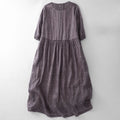 Buddha Stones Back Button Dot Pattern Half Sleeve Cotton Linen Midi Dress With Pockets