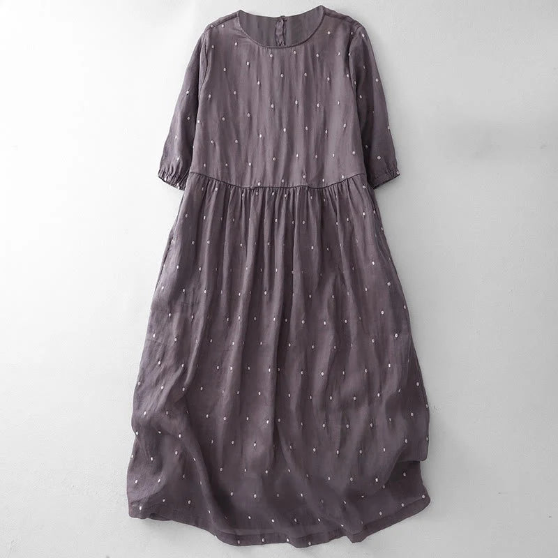 Buddha Stones Back Button Dot Pattern Half Sleeve Cotton Linen Midi Dress With Pockets