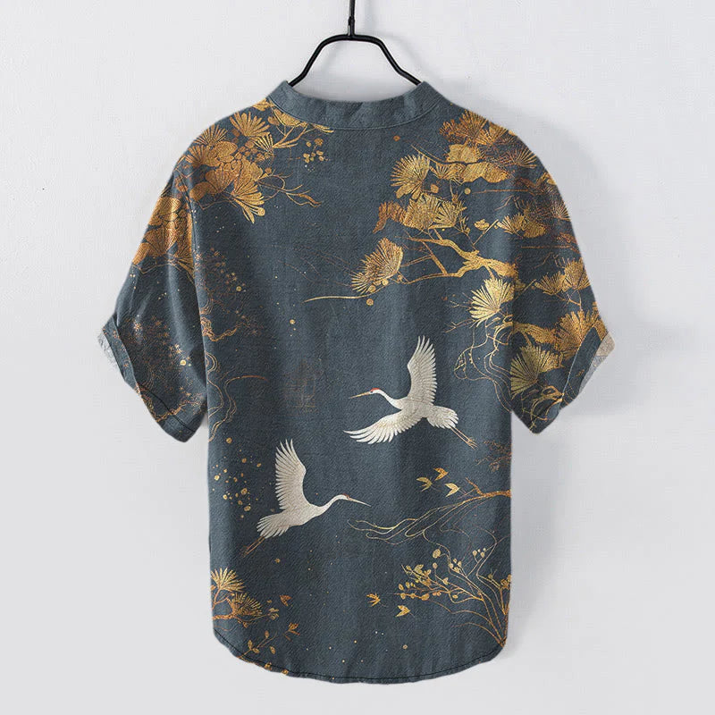 Buddha Stones Cotton Pine Tree White Crane Pattern Men's Short Sleeve Half Button Shirt