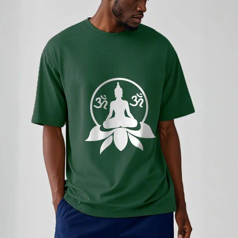Buddha Stones OM Symbol Sanskrit Mantras Buddha Seated On Lotus Flower Design Tee T-shirt